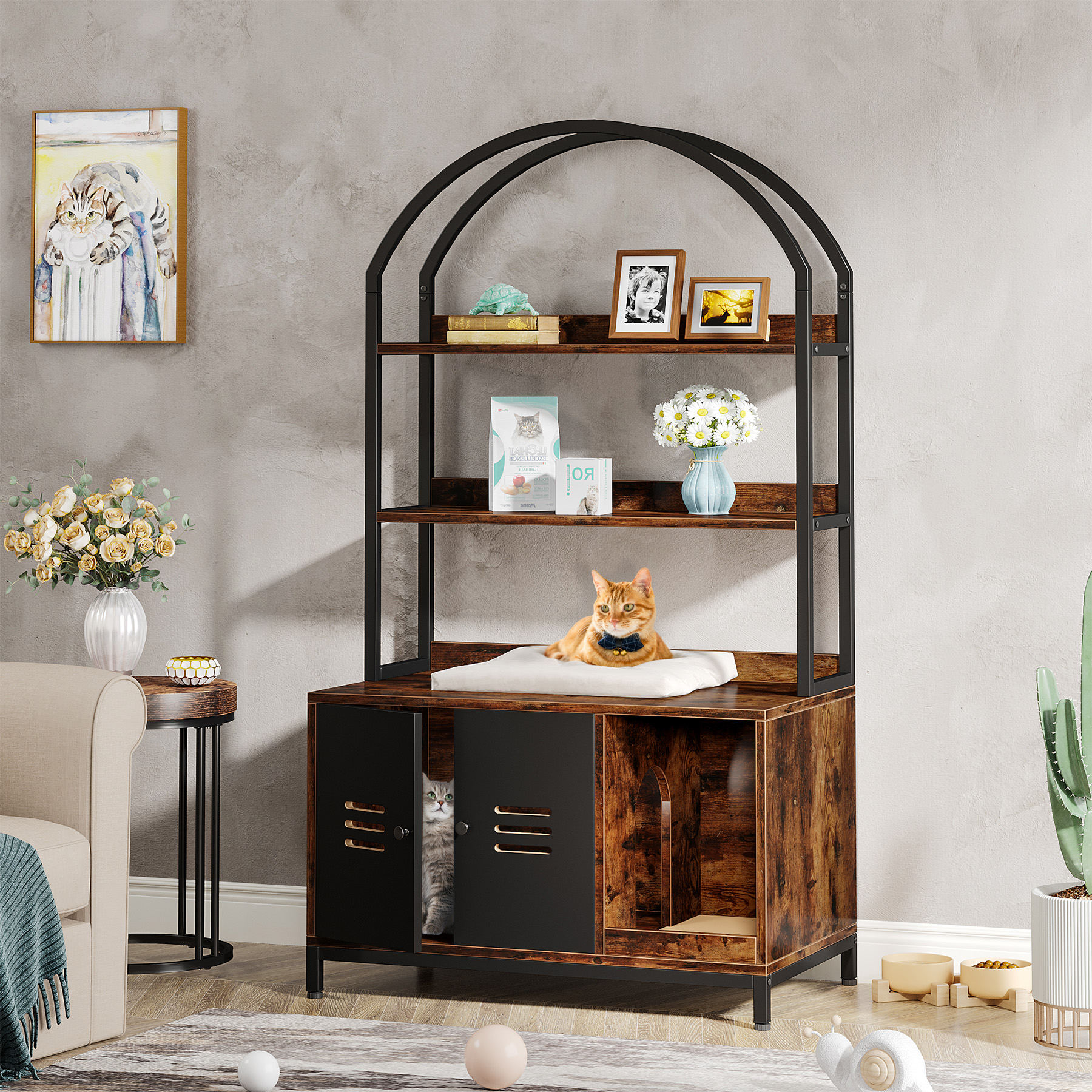 Tribesigns Cat Litter Box Enclosure Furniture, Hidden Litter Box Cabinet with Shelves, Wood Disguise Cat Washroom Pet House Cat Box with Doors, Industrial Cat Cabinet for Living Room, Bedroom
