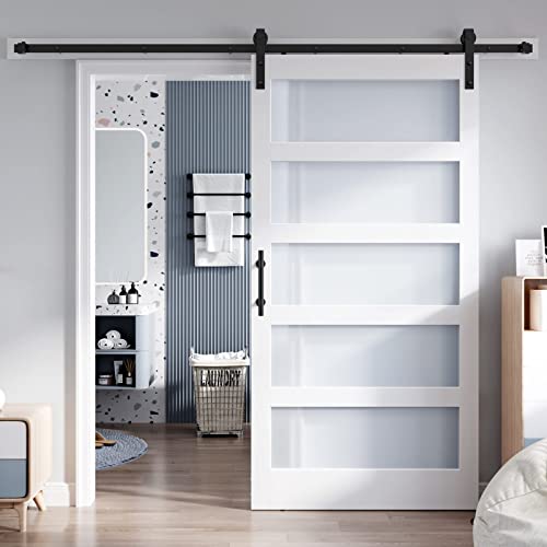 36x84 Inch Glass Sliding Barn Door Slab and 6.6ft Hardware Kit Included, 5 Frosted Glass, LVL Wood Panel Covered with White Water-Proof Scratch-Proof PVC Surface, Simple DIY Assembly