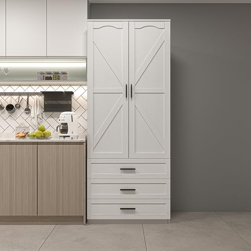 72" LED Kitchen Pantry Cabinet with 3 Drawers Farmhouse Tall Storage Cabinet Wood Food Pantry with Barn Doors and Adjustable Shelves Versatile Storage Freestanding Cupboard for Kitchen
