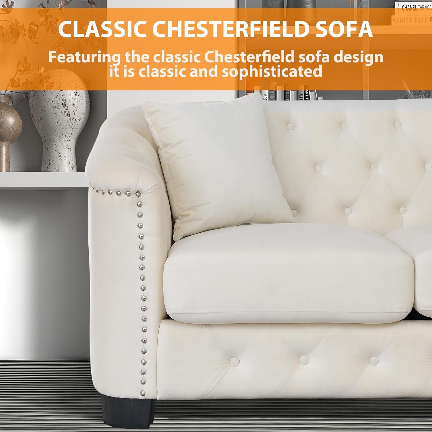 77 Inch Sofa Couch, Modern Velour Upholstered Couch Tufted Velvet Casual Sofa High Nailhead Arms Decor with 2 Pillows Big Comfy Couch Sofas for Living Room,3-Seater Couch,Beige
