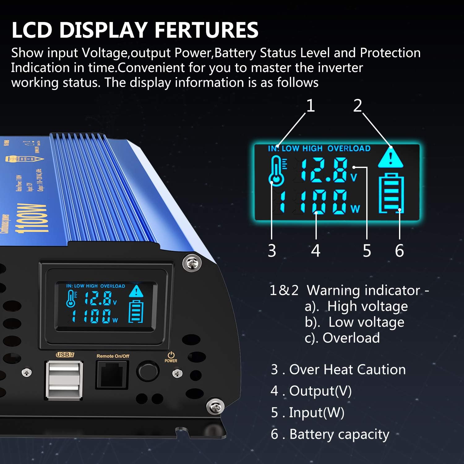 Power Inverter 2000w DC 12V to AC 120V Modified Sine Wave Inverter 2000 watt with LCD Display Remote Control and 3AC Outlets Dual 2.4A USB Ports for Car RV Truck Boat[3 Years Warranty] by VOLTWORKS