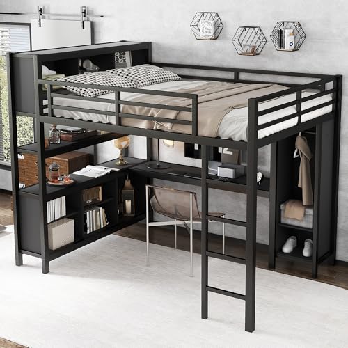Linique Metal Loft Bed with Wardrobe & L-Shaped Desk - Sturdy Space-Saving Loft Bed Includes Storage Cubes, Shelves for Kids, Teens, Adults (White, Queen)