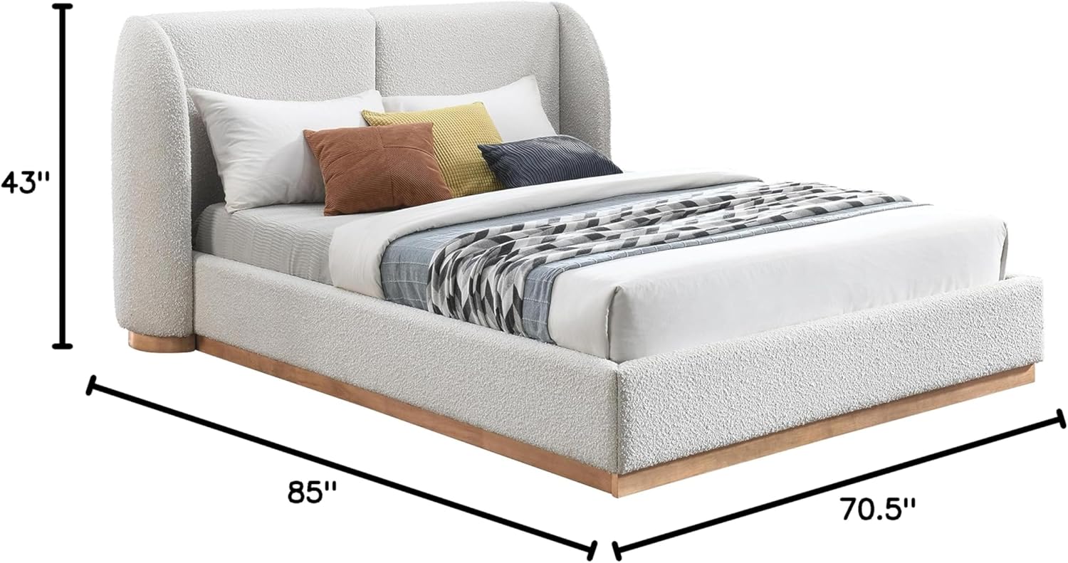 Meridian Furniture Jardin Collection Art Deco Full Rich Cream Boucle Fabric, Solid Wood Base, Rounded Wing Back Bed