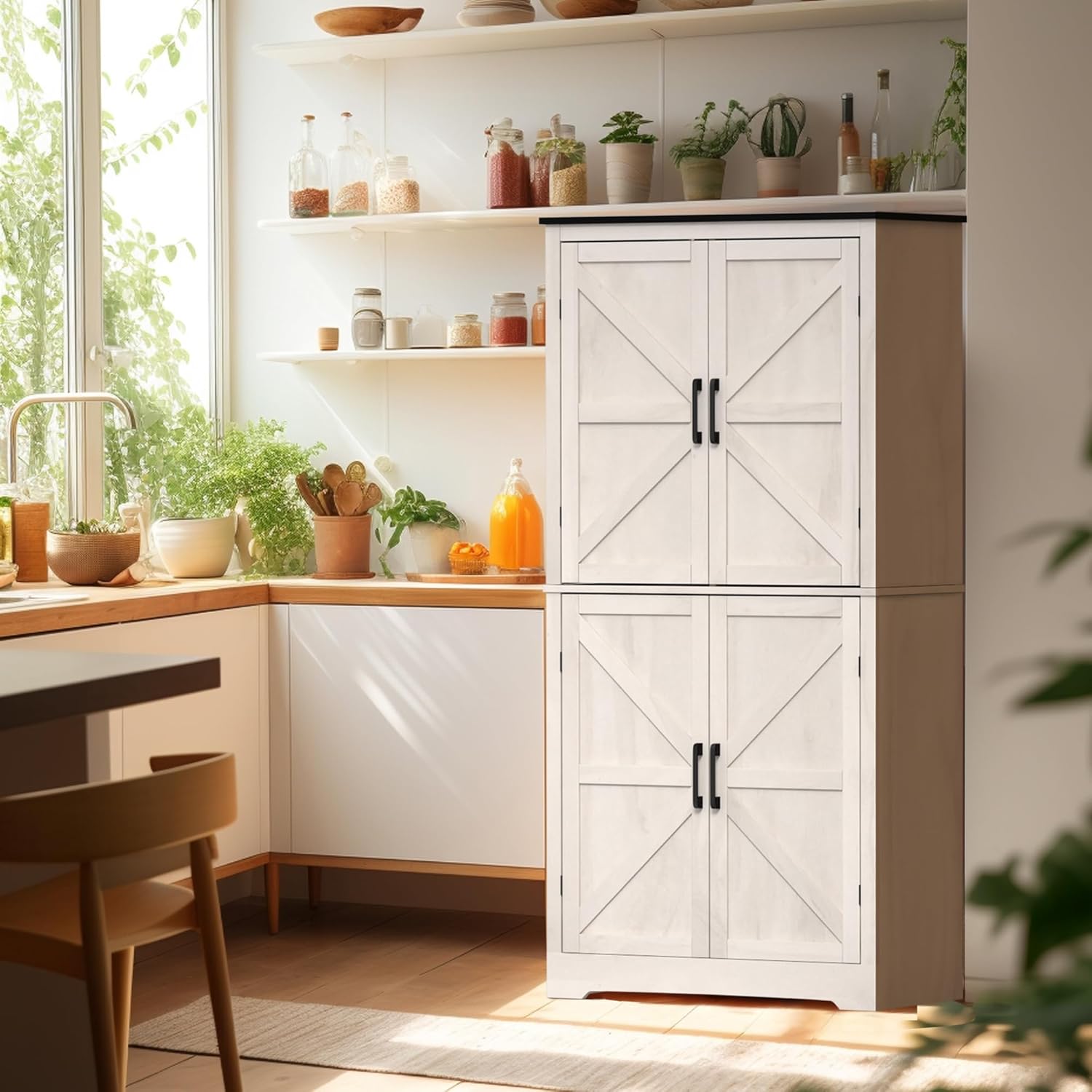 63'' Farmhouse Kitchen Pantry Cabinet, Grey Food Storage Cabinet with 4 Doors and Shelves, Freestanding Pantry Cupboard for Kitchen, Dining Room, Living Room