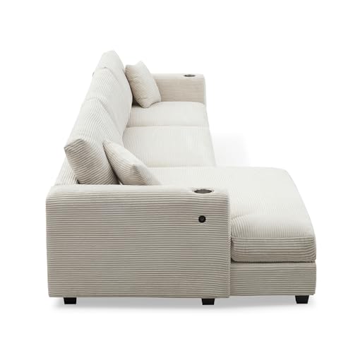 P PURLOVE Oversized Corduroy Sectional Sofa with USB Charging Port, Cup Holder, L Shaped Cloud Couch with 50" W Chaise, Comfy Indoor Furniture for Living Room (Gray)