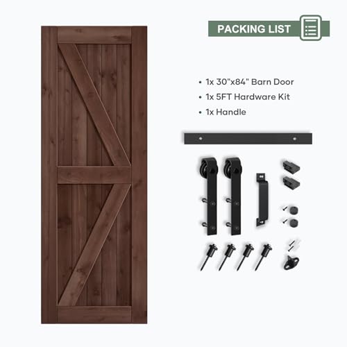 36x84 inch Sliding Barn Wood Door Slab with 6.6ft Hardware Kit and Handle, Coffee, K Shape, Simple DIY Assembly