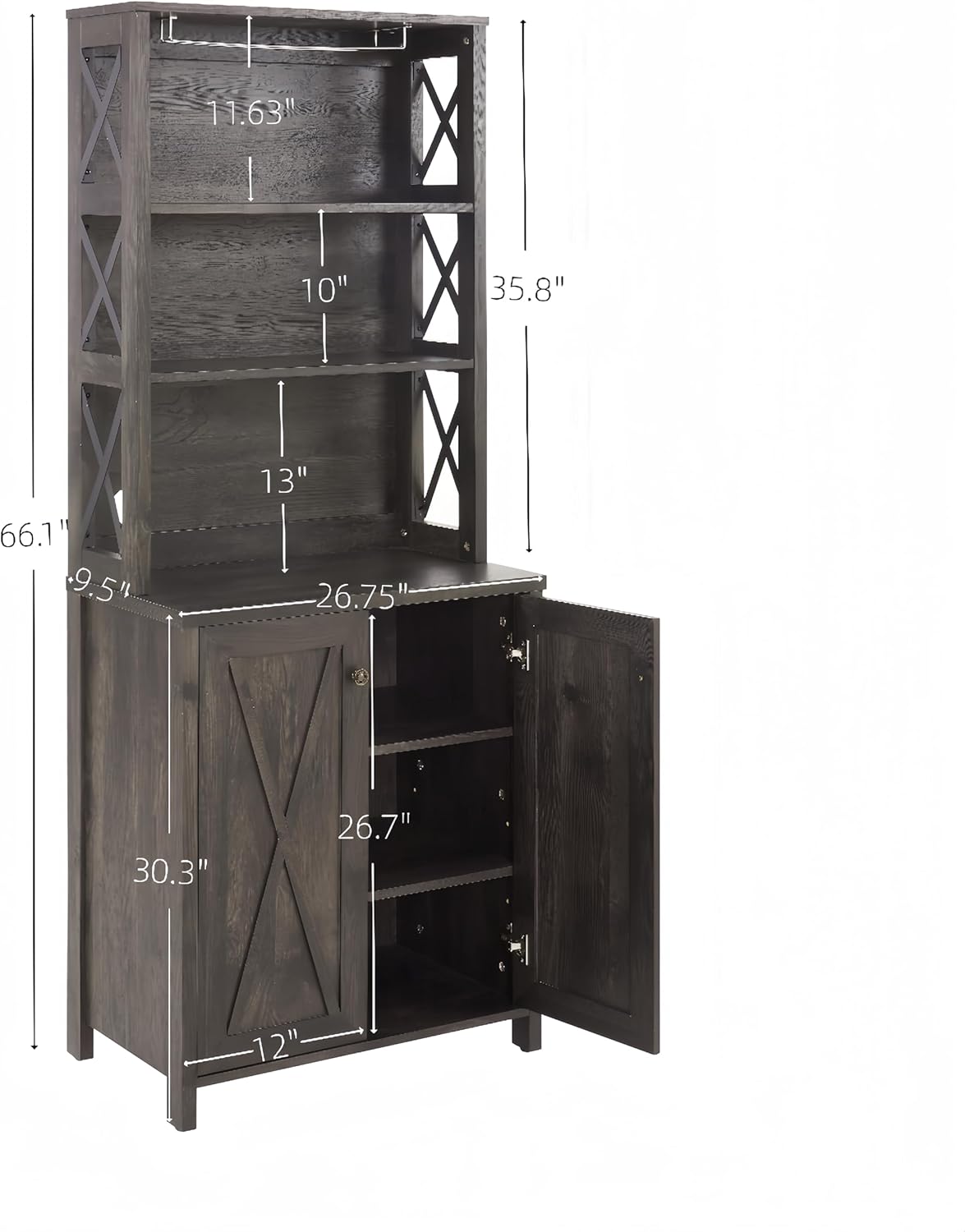 CHARMMA Coffee Bar Cabinet Kitchen Cabinet with Microwave Stand Metal Frame Side Home Source Bar Cabinet Cabinet and Hollow out Barn Design Wood Cabinet L26.77''*W15.75''*H67.32'' Charcoal Gray