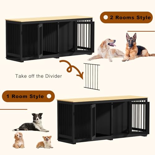 Dog Crate Furniture 71" Heavy Duty Wooden Large Dog Kennel with Trays, Removable Divider, Indoor Furniture Style Dog Crate House W/Double Rooms for Large Medium Small Dogs, White