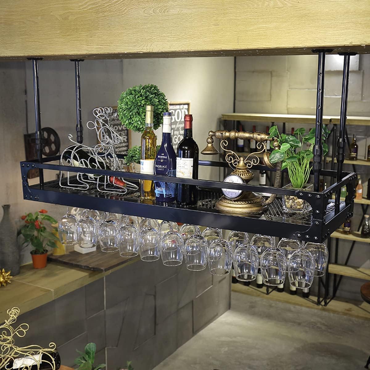 Hanging Wine Glass Rack, Industrial Vintage Metal Bar Wine Glass Hanging Rack,Coppery Wall-Mounted Wine Glass Rack Perfect for Bar Cafe Kitchen,Bronze,60x35cm The New Fashionable