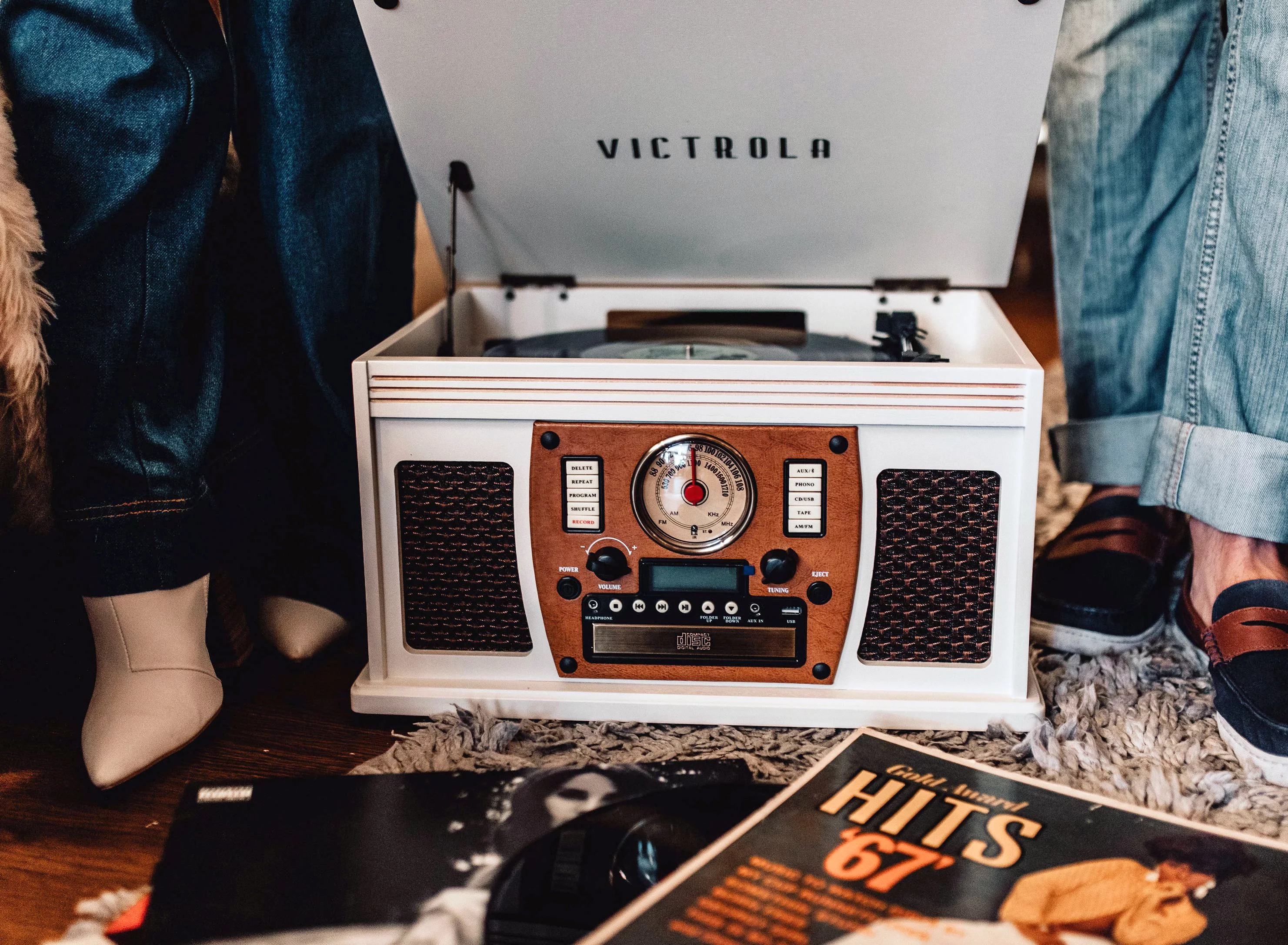Victrola Wood 8-in-1 Nostalgic Bluetooth Record Player with USB Encoding and 3-speed Turntable - White