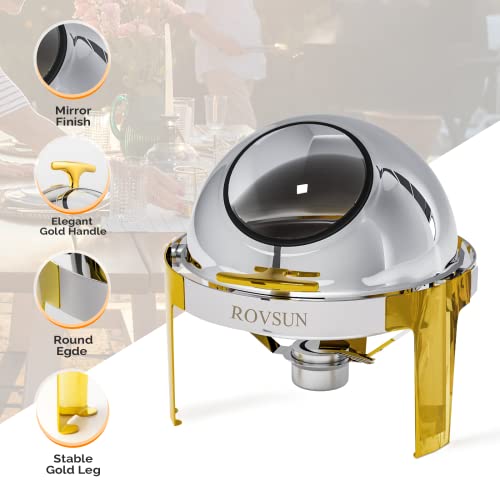 ROVSUN 3 Packs Roll Top Chafing Dish Buffet Set Gold Accent,6 Quart Round Stainless Steel Chafer, Buffet Servers and Warmers Set Warming Tray with Glass Window for Wedding, Parties, Banquet, Events