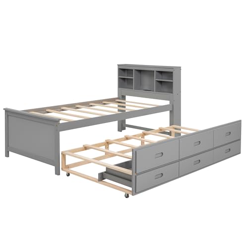 Full Size Bookcase Bed with Charging Station, Wood Captain Bed with Trundle and Storage Drawers, Full Platform Beds with Storage Headboard for Kids Boys Girls, Noise Free, No Box Spring Needed, Gray