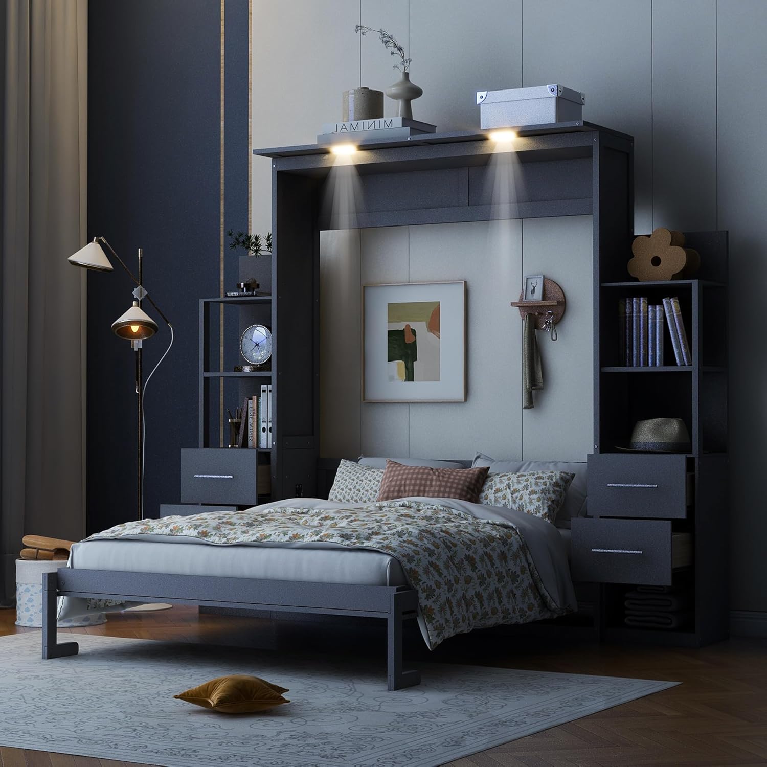 yoptote Queen Size Murphy Bed with Both Side Double Drawers and 2 Four-Layers Open Storage Shelves, Bedframe w/LED Lights & Silver Handle, Can Be Folded into A Cabinet, Space-Saving Design, Grey