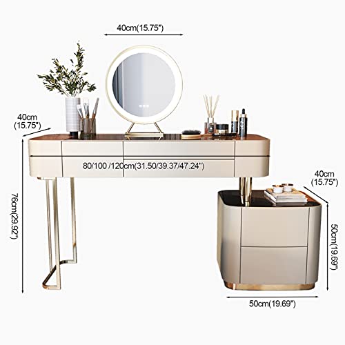 Vanity Desk Mirror and Lights, Mordern Dressing Table & Flexible Side Cabinet & Makeup Stool for Bedroom, Wood Frame Leather Finish Glass Top (47in)