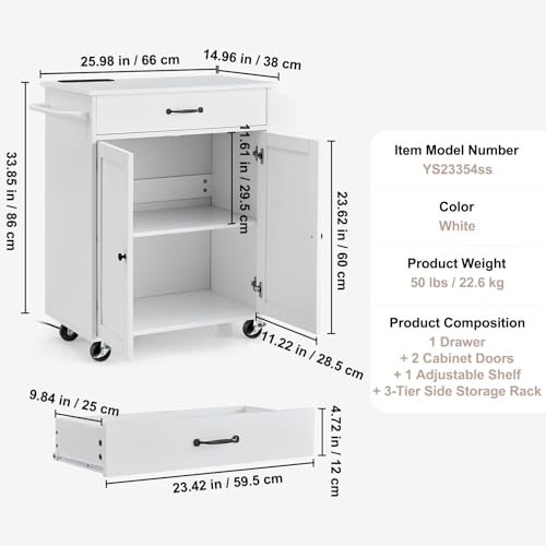 VEVOR Kitchen Island Cart with Solid Wood Top, 35.4" Width Mobile Carts with Storage Cabinet, Rolling Kitchen Table with Spice Rack, Towel Rack, and Drawer, Portable Islands on Wheels, White