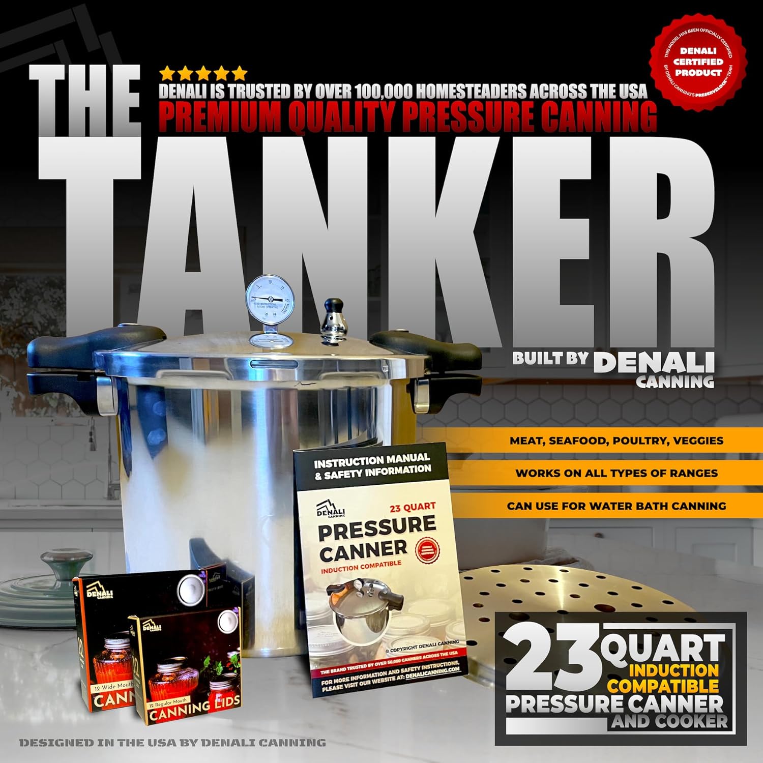 23 Quart Pressure Canner & Cooker | Induction Compatible | Pressure Gauge & Pressure Regulator | Aluminum & Stainless Steel | Denali is a USA Company
