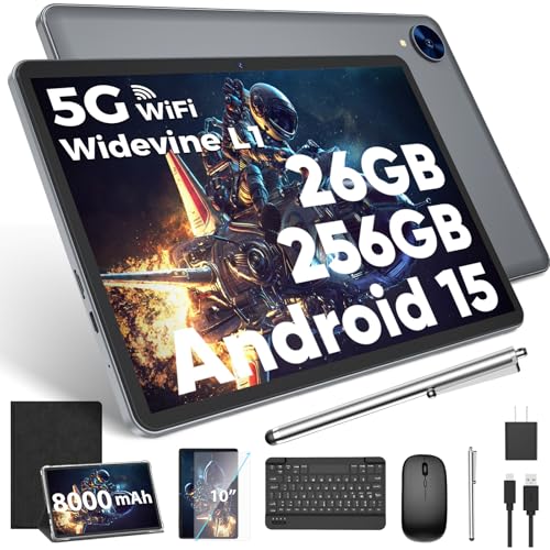 Android 15 Tablet with Keyboard, 26GB RAM, 256GB ROM(2TB Expand), 10.1 inch Octa-Core Tablets, 5G/2.4G WiFi, 8000mAh Battery, BT 5.0, GMS Certified, with Mouse, Case, Stylus, Split screen(Green)