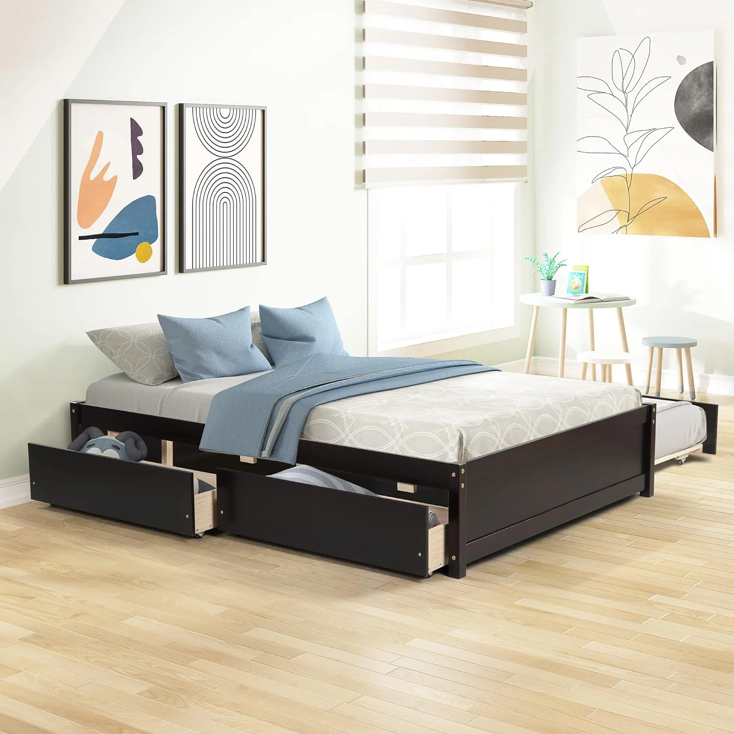 Wood Platform Bed Frame, Full Bed With Trundle And Drawers, Trundle Platform Bed Full Size, Captain Bed With Pull Out Trundle And Storage For Kids Teens And Adults Espresso