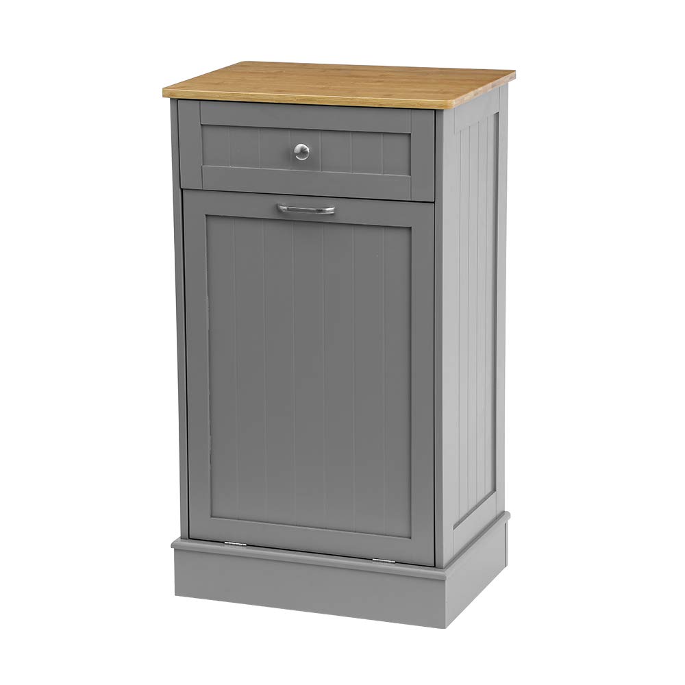U-Eway Wooden Tilt Out Trash Cabinet Free Standing Kitchen Trash Can Holder or Recycling Cabinet with Hideaway Drawer, Removable Cutting Board (White)