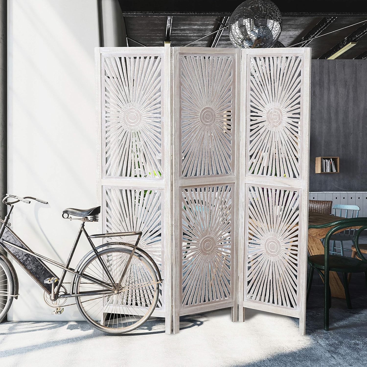 Modernist Sunburst Room Divider, Carved, Abstract Burst Motif, 3 Panel, Vintage Style, Rustic Pale Wood, White Wash Distressed, Mango and MDF Wood, Approx. 6 Ft Tall, 71.75 Inches Tall (182 H cm)