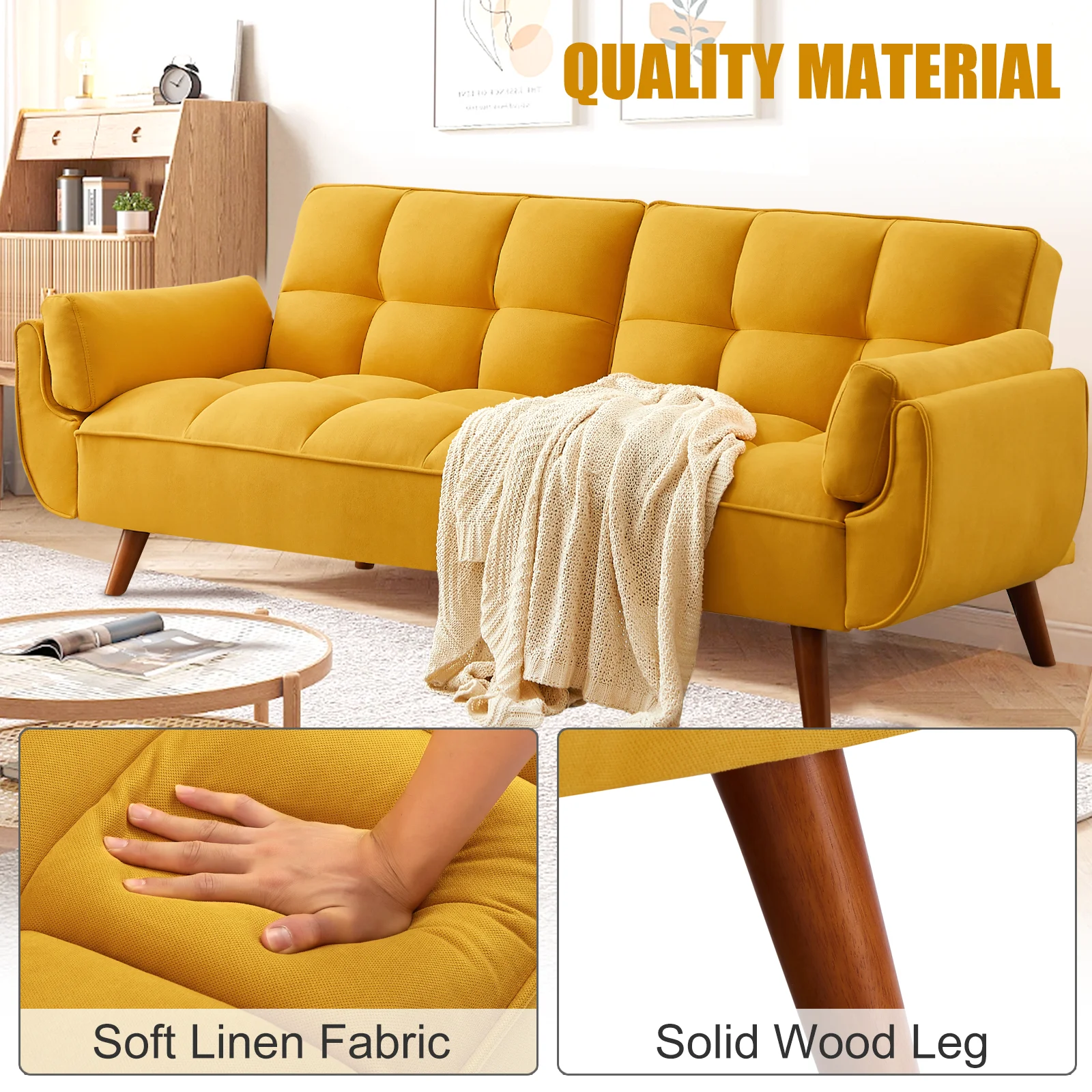 Convertible Futon Couch Bed, Sleeper Sofa Bed with Adjustable Backrests, Linen Loveseat Sofa with Wood Legs, 3 Seater Comfy Couch for Small Spaces, Living Room, Bedroom(Yellow, 75")