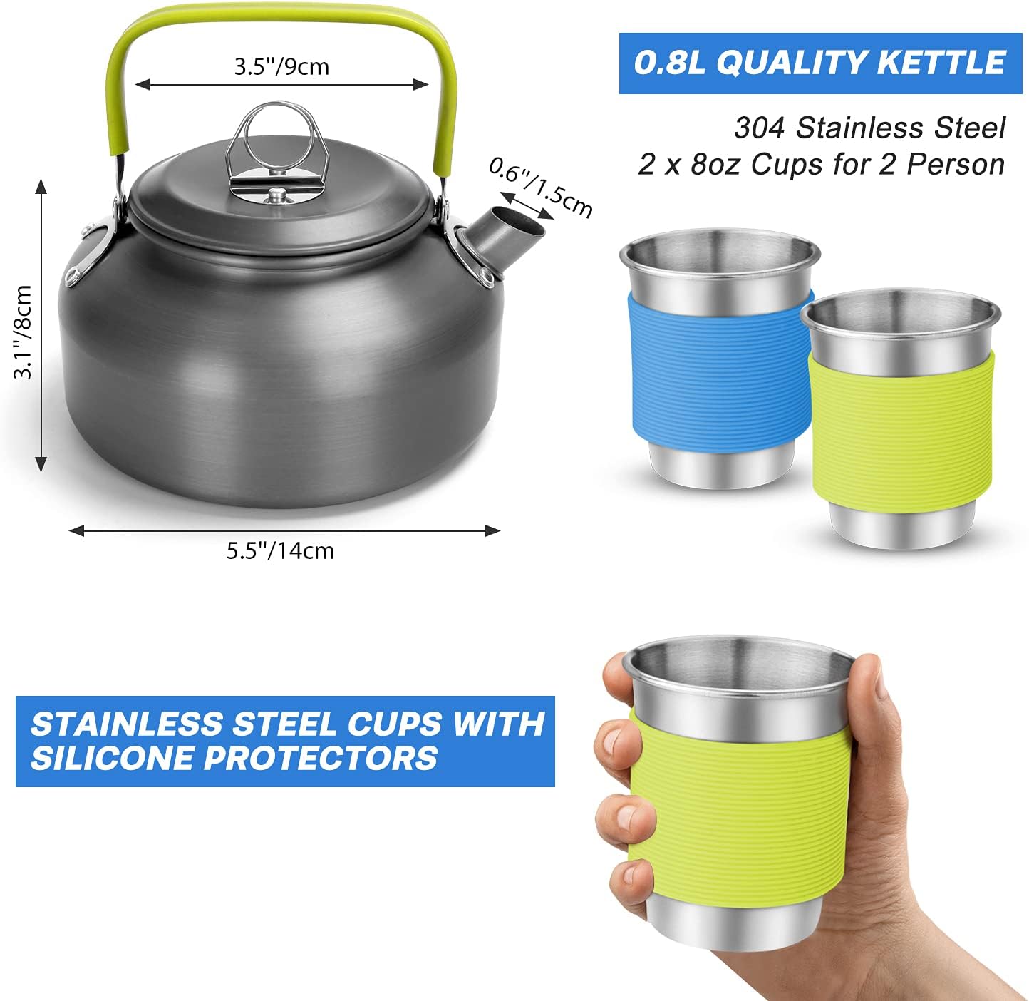 Odoland 16pcs Camping Cookware Set with Folding Camping Stove, Non-Stick Lightweight Pot Pan Kettle Set with Stainless Steel Cups Plates Forks Knives Spoons for Camping Backpacking Outdoor Picnic