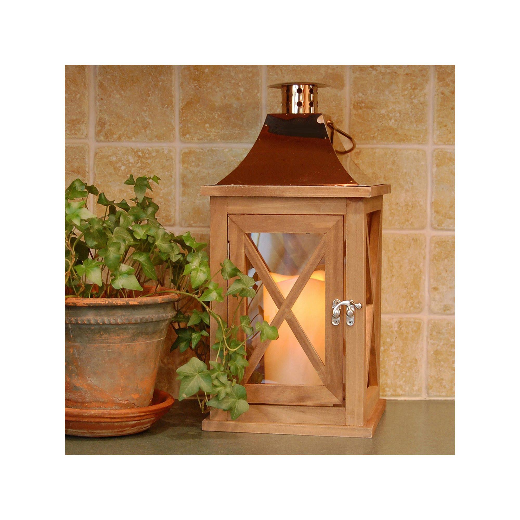 Lumabase Natural Wooden Lantern with Copper Roof and LED Candle - Brown