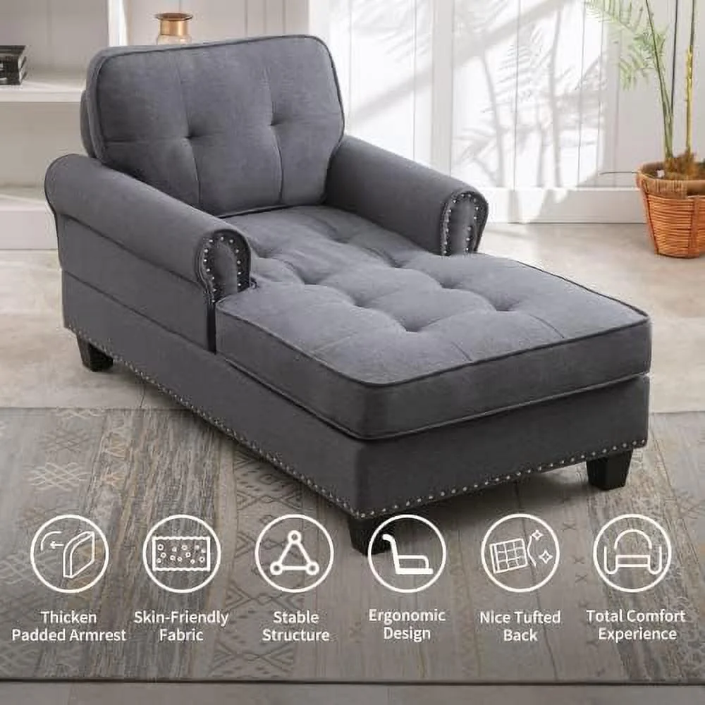 RUNFAYBIU Chaise Lounge Sofa Couch Linen Chaise Sofa Bed Bench with Tufted Back  Mid-Century Sleeper Sofa Chair Bed for Small Place/Apartment/Living Room/Office/Studio (Dark Gray)