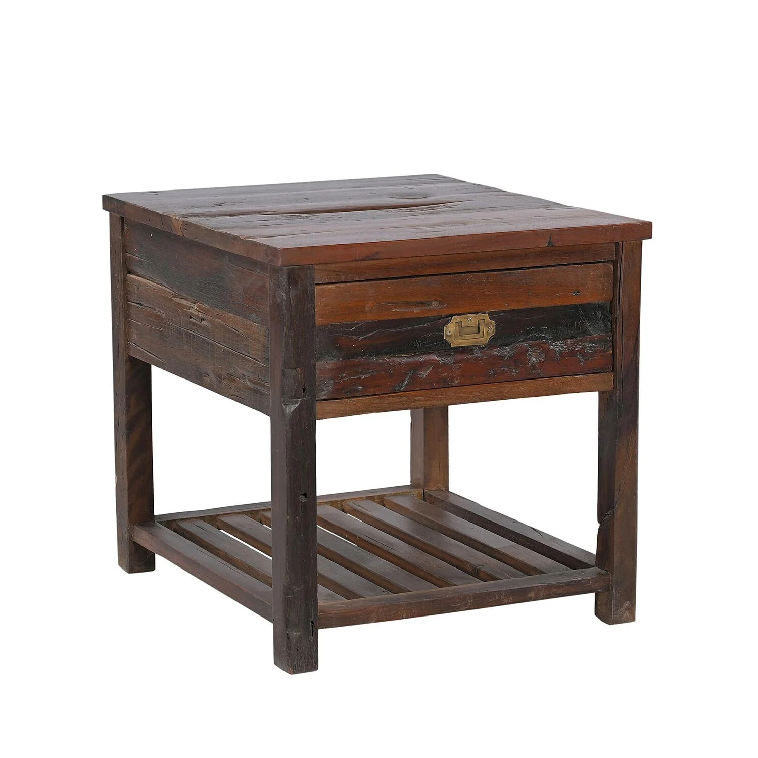 Rustic Ranch Style Antique Rail Road Ties Upcycled 24" Square Side Table With Drawer | Distressed Spalted Wood End Table | Aged Solid Wood - Curated Treasures Market