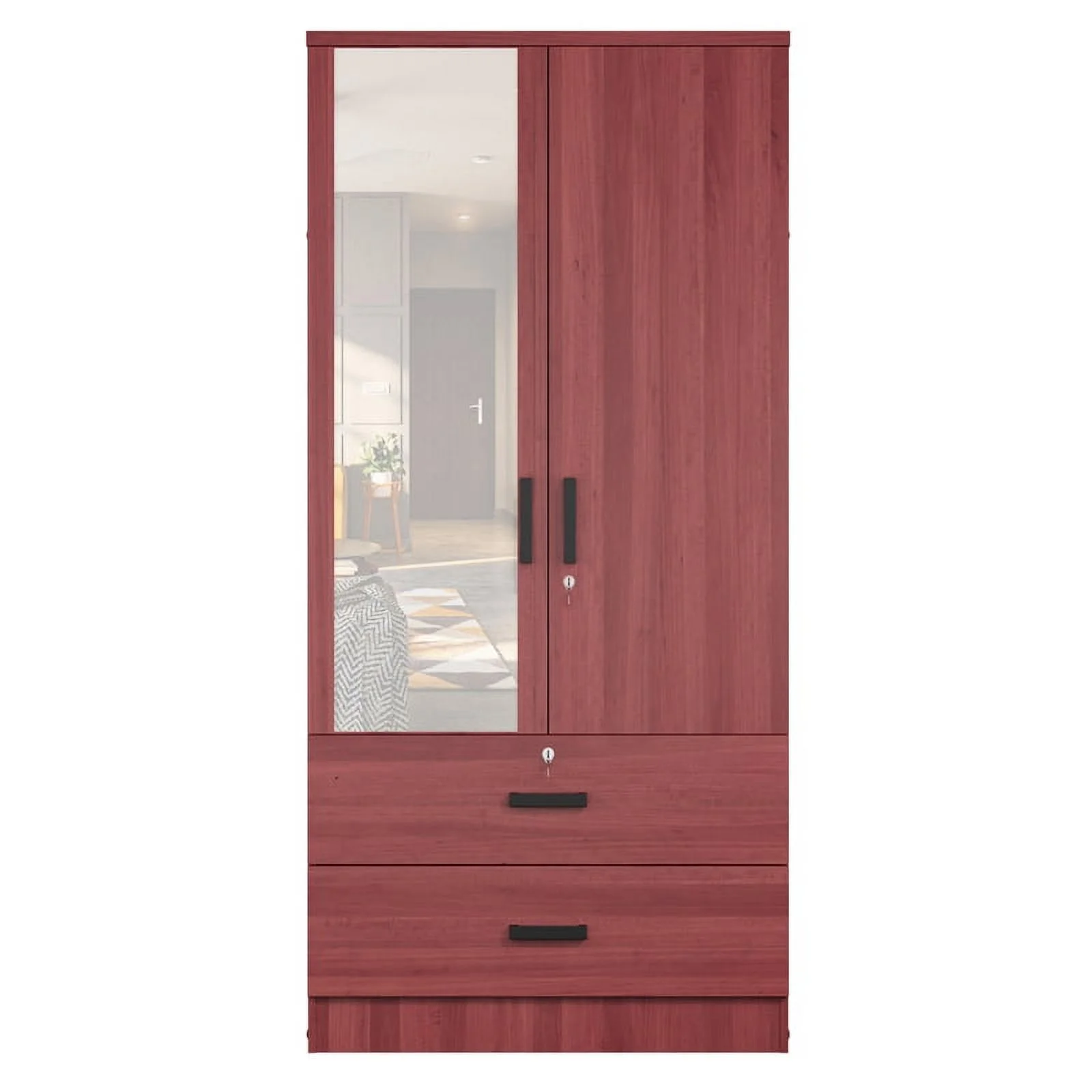 Better Home Products Grace Armoire Wardrobe with Mirror & Drawers in Mahogany