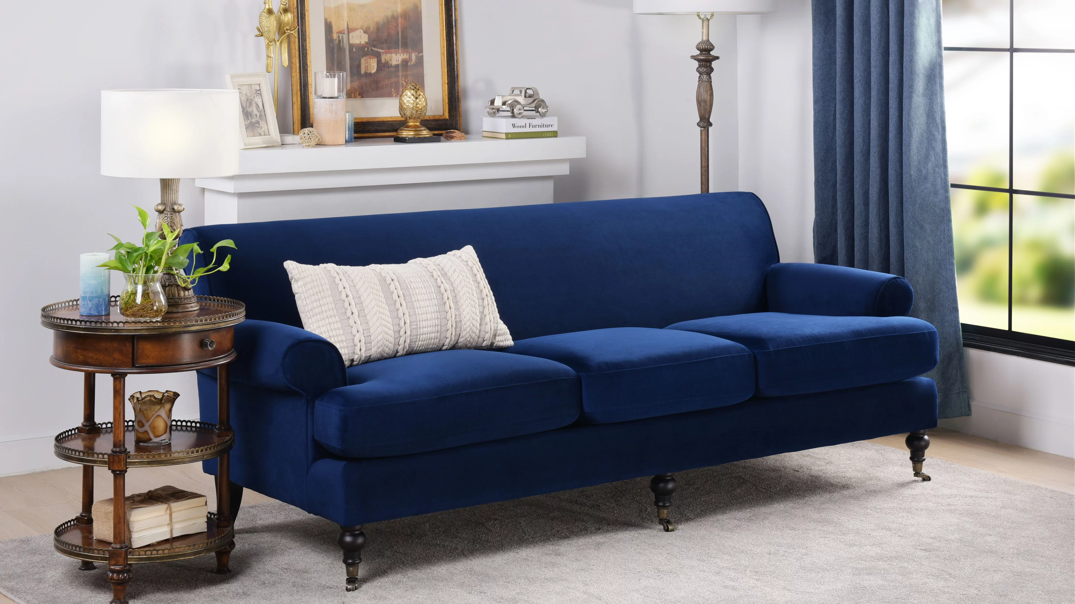 Jennifer Taylor Home Alana Lawson Recessed Arm Sofa Metal Casters, Navy Blue