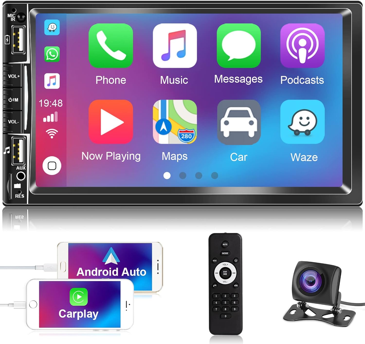 EKAT Double Din Car Stereo Radio Compatible with Caplay and Android Auto, 7 inch Touch Screen Car Multimedia MP5 Player with Bluetooth FM TF AUX-in USB Fast Charge Port SWC + AHD Backup Camera