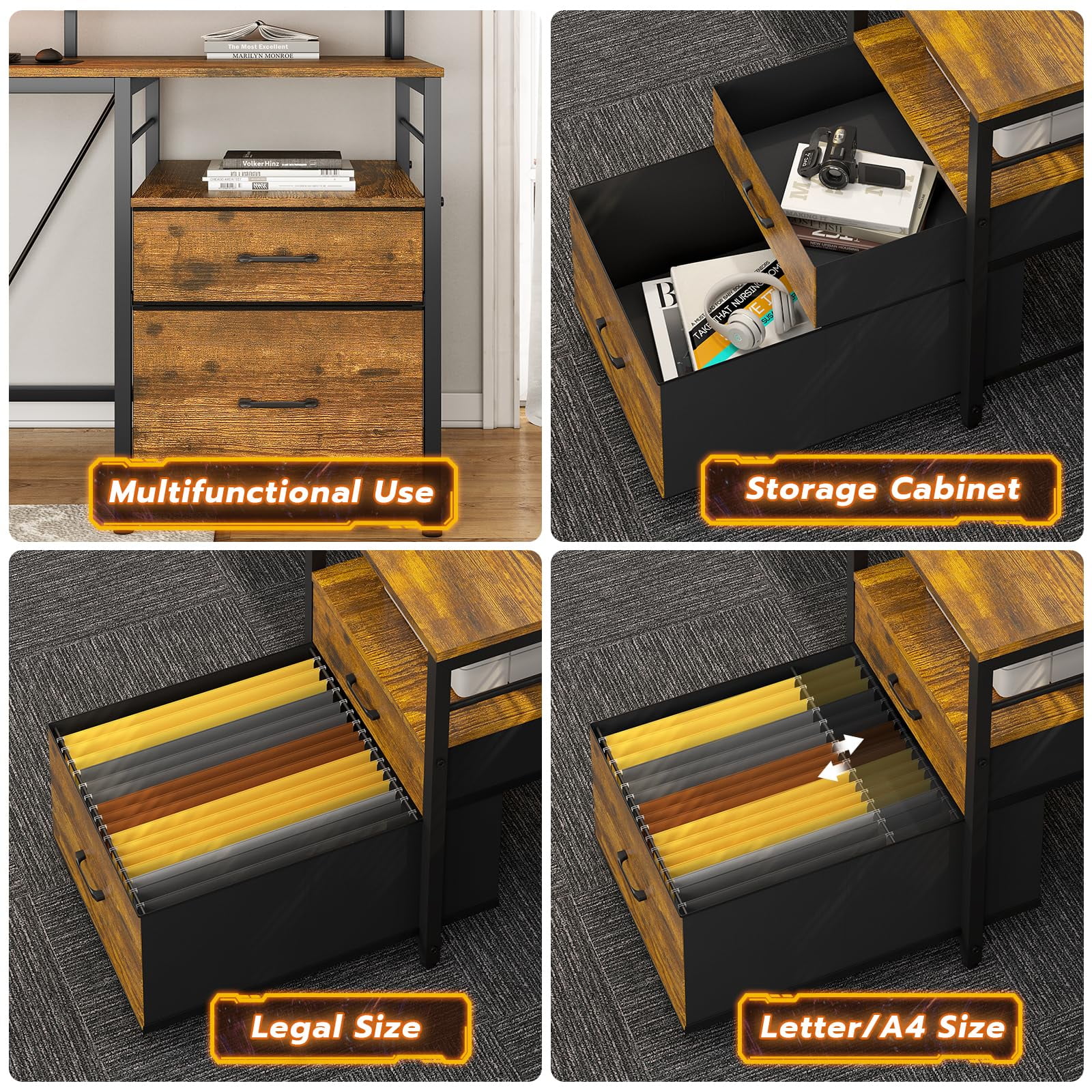 SEDETA 94.4" L Shaped Desk with Hutch, Home Office Desk with File Drawers, Keyboard Tray, Monitor Stand, Storage Shelves, Rustic Brown