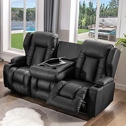 IPKIG 65.3" RV Loveseat Recliner - Faux Leather Manual Reclining Loveseat with Console, Cup Holders, Lumbar Pillow for Living Room, Bedroom, RV, Home Theater - RV Recliners Chair (Beige)