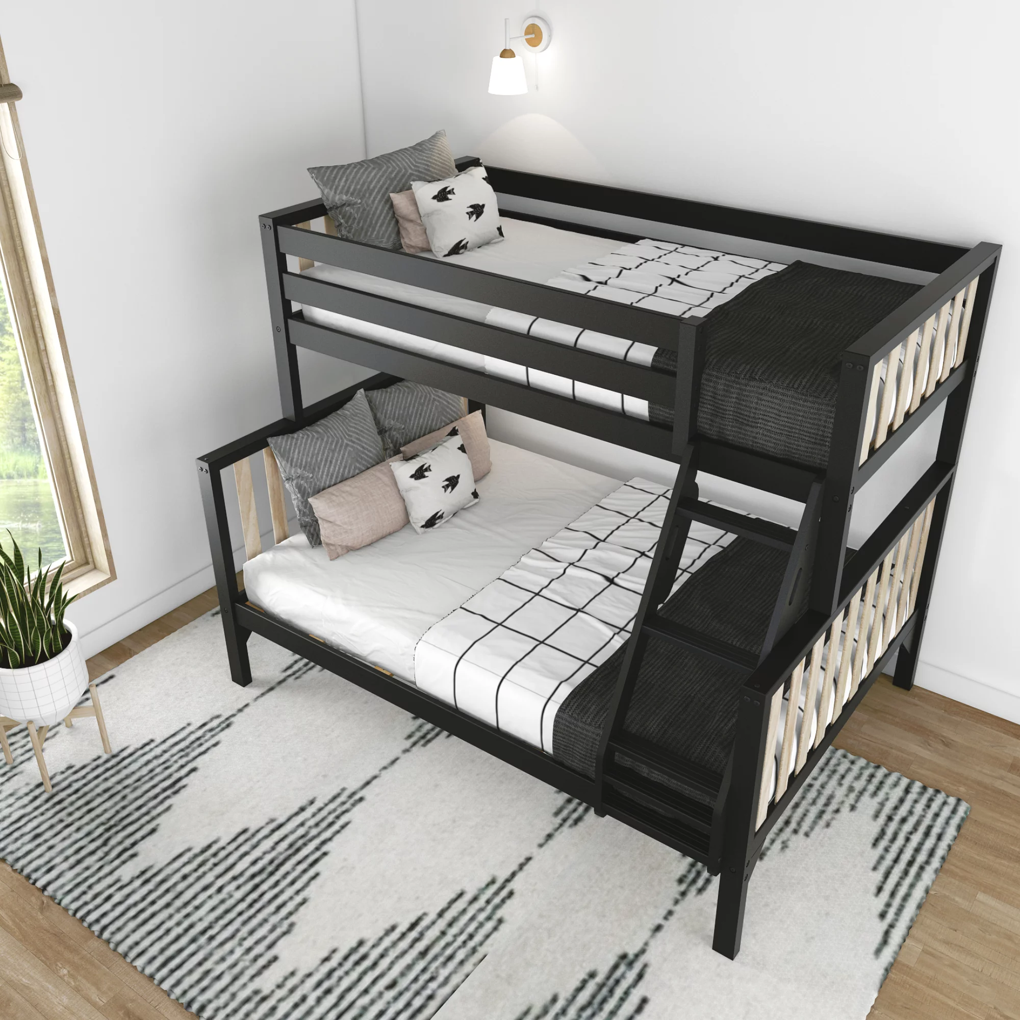 Max & Lily Scandinavian Twin over Full Bunk Bed For Kids, Wooden Bunk Beds with Ladder, Black/Blonde