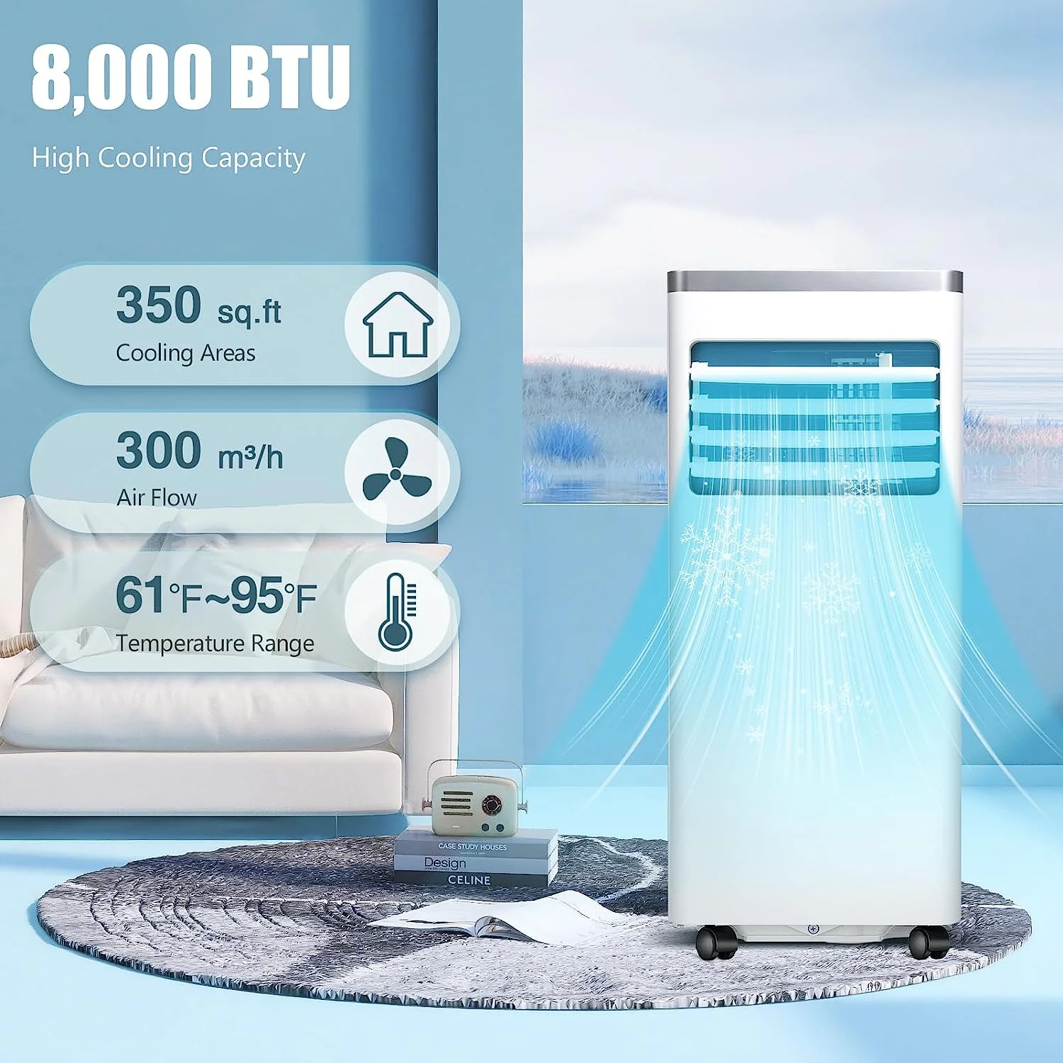 KISSAIR 5000 BTU (8,000 BTU ASHRAE) Portable Air Conditioner,3-in-1 Portable AC Unit for Room Up to 350 Sq.Ft 2 Fan Speeds/Remote Control/24Hrs Timer/Installation Kit for Home/Office-White&Silver