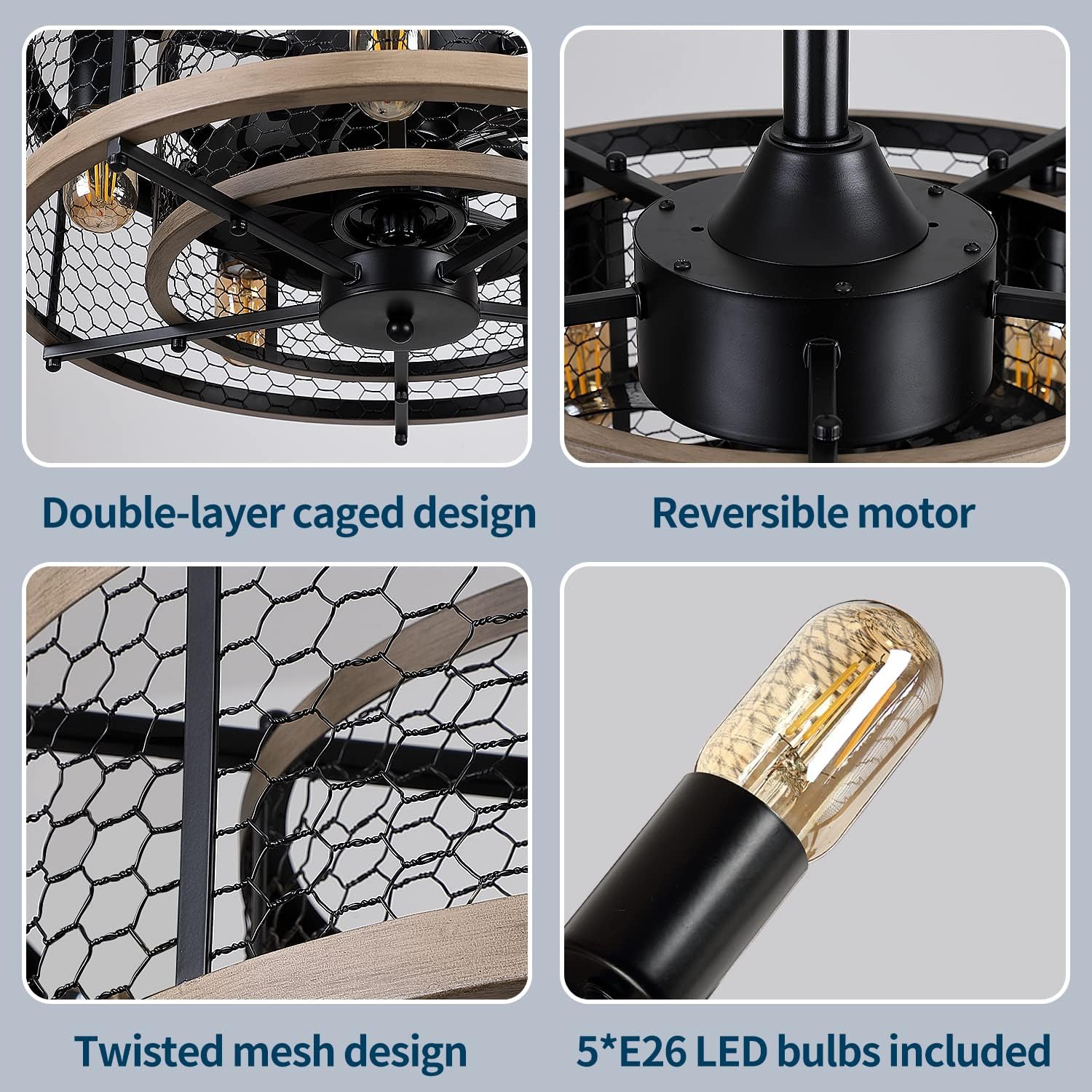 Caged Ceiling Fan with Lights Remote Control, Bladeless Rustic Farmhouse Ceiling Fan with Light, MADSHNE 20'' Small Modern Industrial Bedroom Ceiling Fan, Reversible