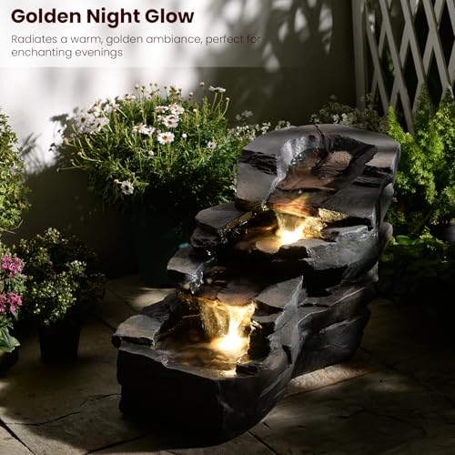 37" L Garden Outdoor Water Fountain, Floor Standing 5-Tiers Rock Natural Waterfall Outdoor Fountains with LED Lights for Patio, Porch, Home Art Decor