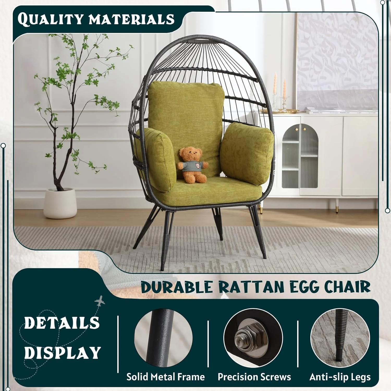 Wicker Egg Chairs Outdoor Set of 2, Oversized Rattan Chairs Indoor with Solid Stand, Comfy Patio Basket Chairs with Soft Cushions, Modern Lounge Chairs with a Cute Toy for Patio, Balcony, White