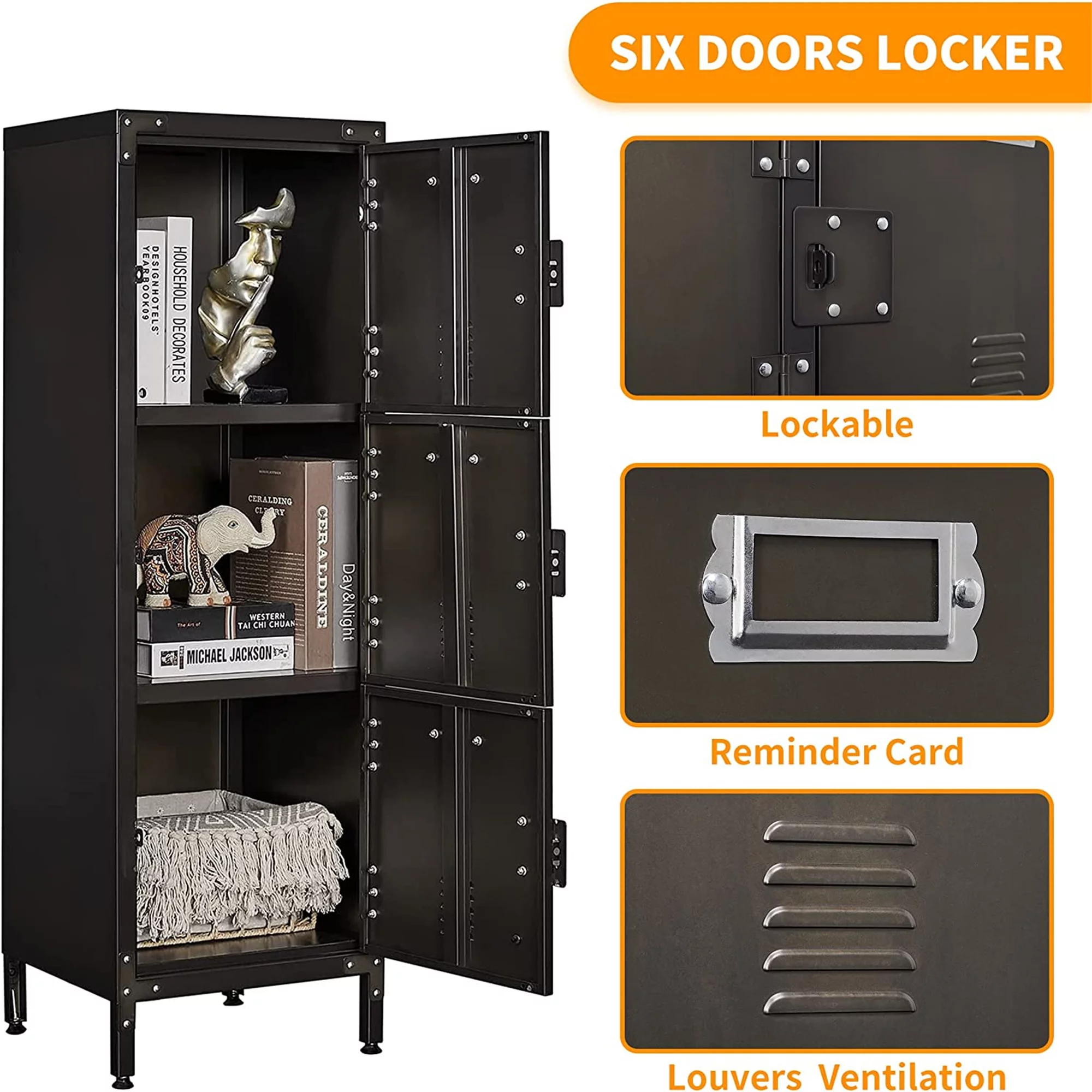 STANI Metal Storage Cabinet, Storage Locker Employees Locker with 6 Doors, 47 Height Steel Cabinet with Lockable Doors, Storage Cabinet with Adjustable Feet for Home Office Gym Clothes
