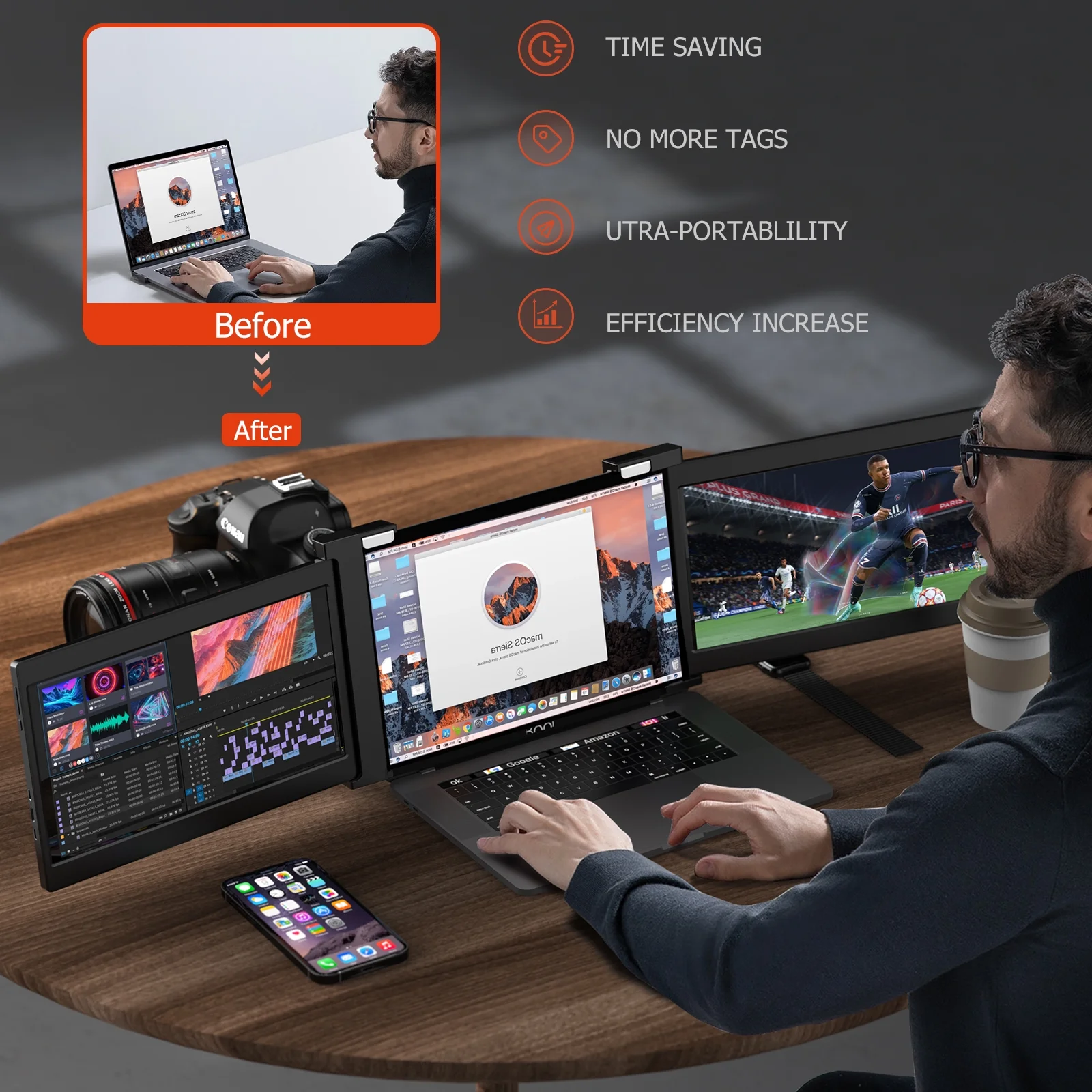 Limink 15-17inch Laptop Extended Screen Portable Triple Monitor 14" Dual Screen Extender,1080P IPS Screen,No Need Driver,Plug&Play,Compatible with Mac OS/Wins, USB/HDMI,Gaming Travel Monitor,Black