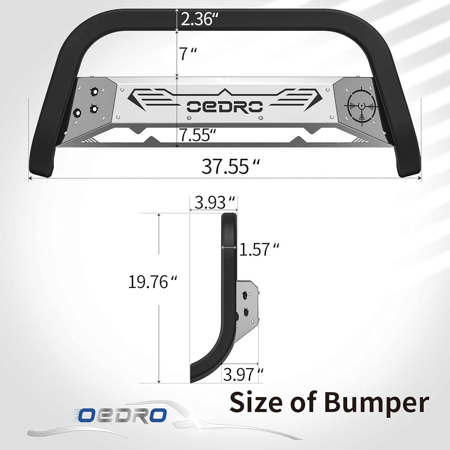 oEdRo Bull Bar Fits 2004-2022 Ford F150, Truck Brush Push Bumper Guard Grille w/ Chrome and Black Skid Plate Light Mount