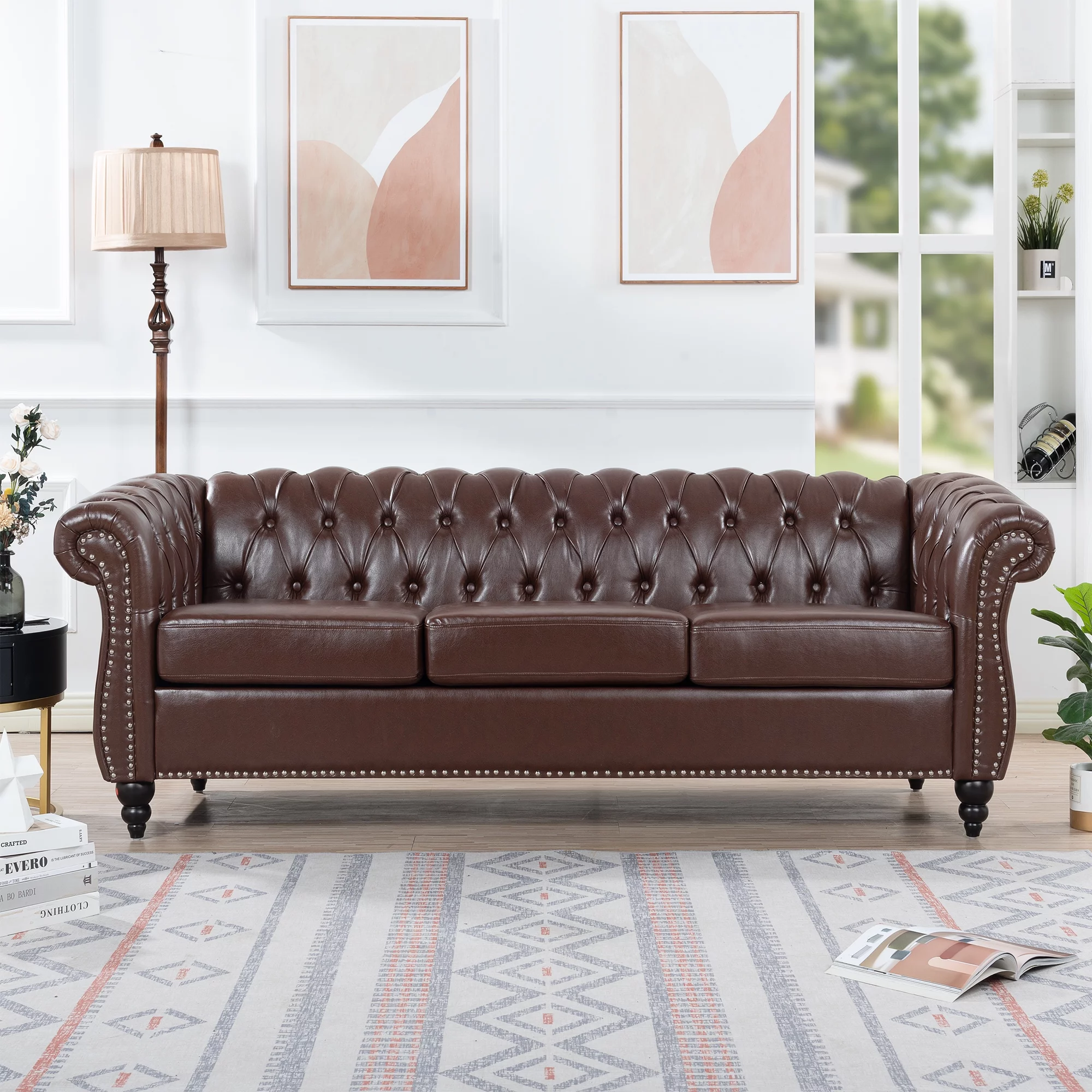 Chesterfield Sofas for Living Room, Rolled Arm 3-Seater Leather 84" Large Couch Deep Button Nailhead Tufted Black Upholstered Couches for Bedroom, Office Apartment (Dark Brown)