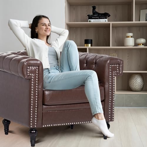Chesterfield Chair Leather, Square Arm Tufted Back Upholstered Single Sofa Chair, Club Armchair With Nailheads and Solid Wood Legs, Chesterfield Chair for Living Room Office Reading Room (Brown)