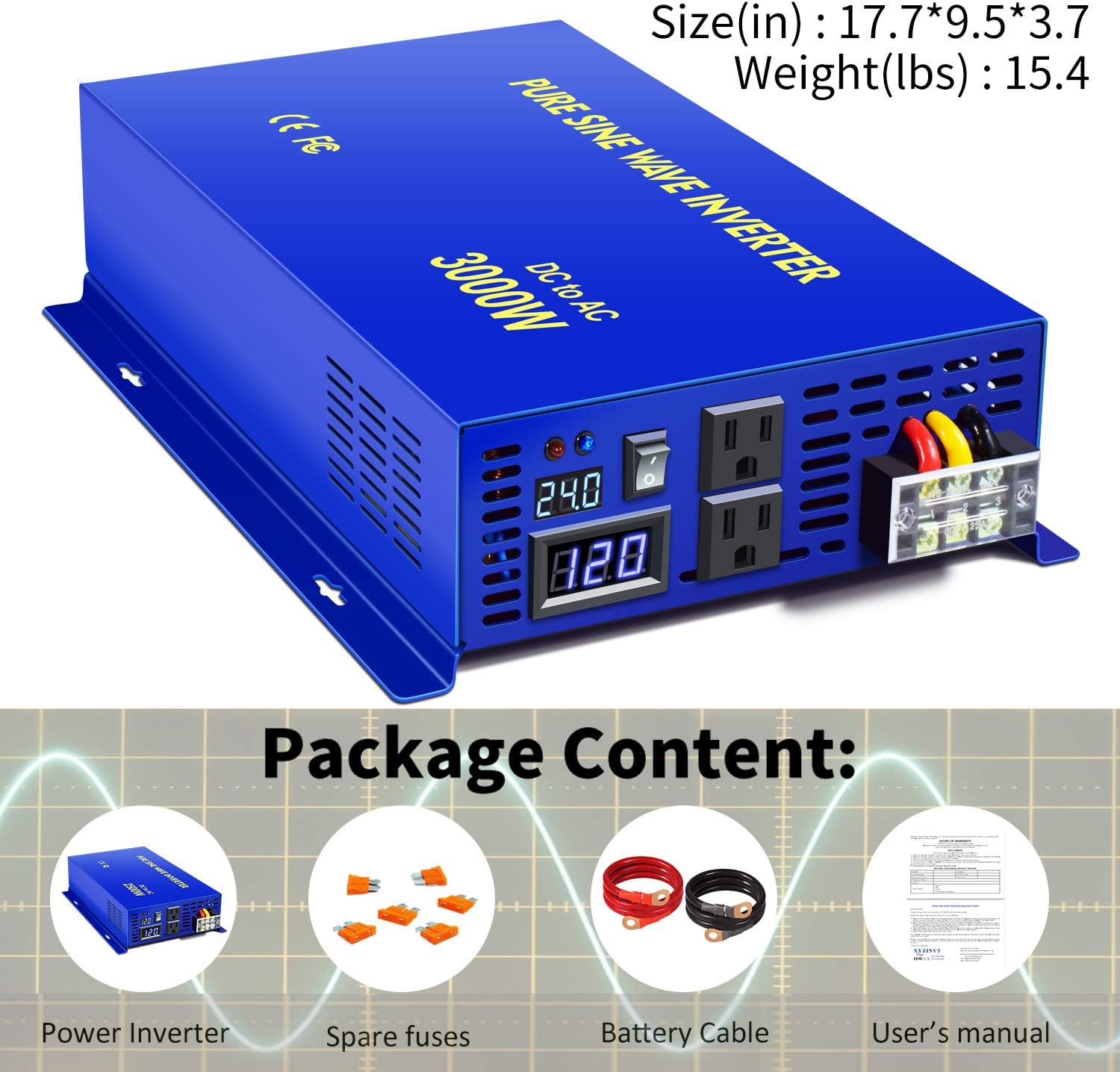 XYZ INVT 2500W Pure Sine Wave Inverter 24v to 110V 120V AC with Wireless Remote Switch, 5000 watt Surge, Power Inverter for Truck, RV Car Camping, Solar System, Grid Off.