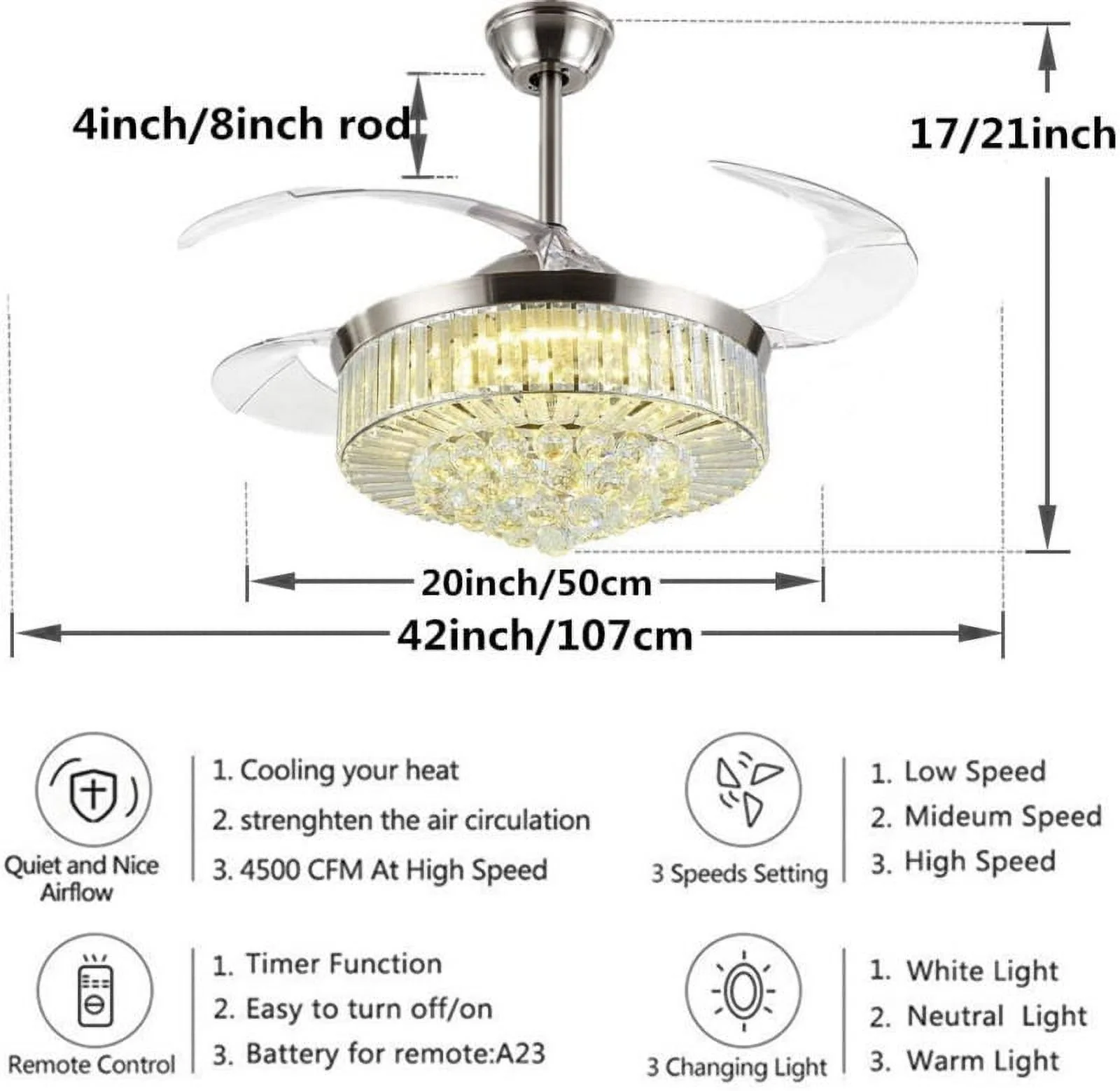 Urbanest 42"Invisible Ceiling Fan Chandelier with Light,Modern Crystal Ceiling Fan Light Remote Control Retractable ABS Blades