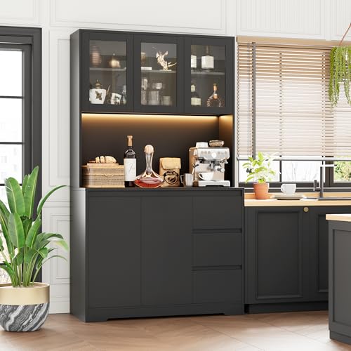 finetones 71" Kitchen Pantry Cabinet with LED Lights and Charging Station, Modern Kitchen Cabinet Hutch Cabinet with Storage and Microwave Stand, Pantry Cabinet Buffet Cabinet with Countertop, Black