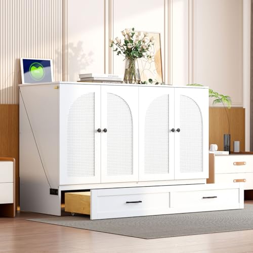 Full Size Murphy Bed Cabinet, Solid Wood Murphy Bed with Charging Station and Large Storage Drawer, Wall Mounted Foldable Platform Bed, Space Saving for Guest Room, Office, Gray