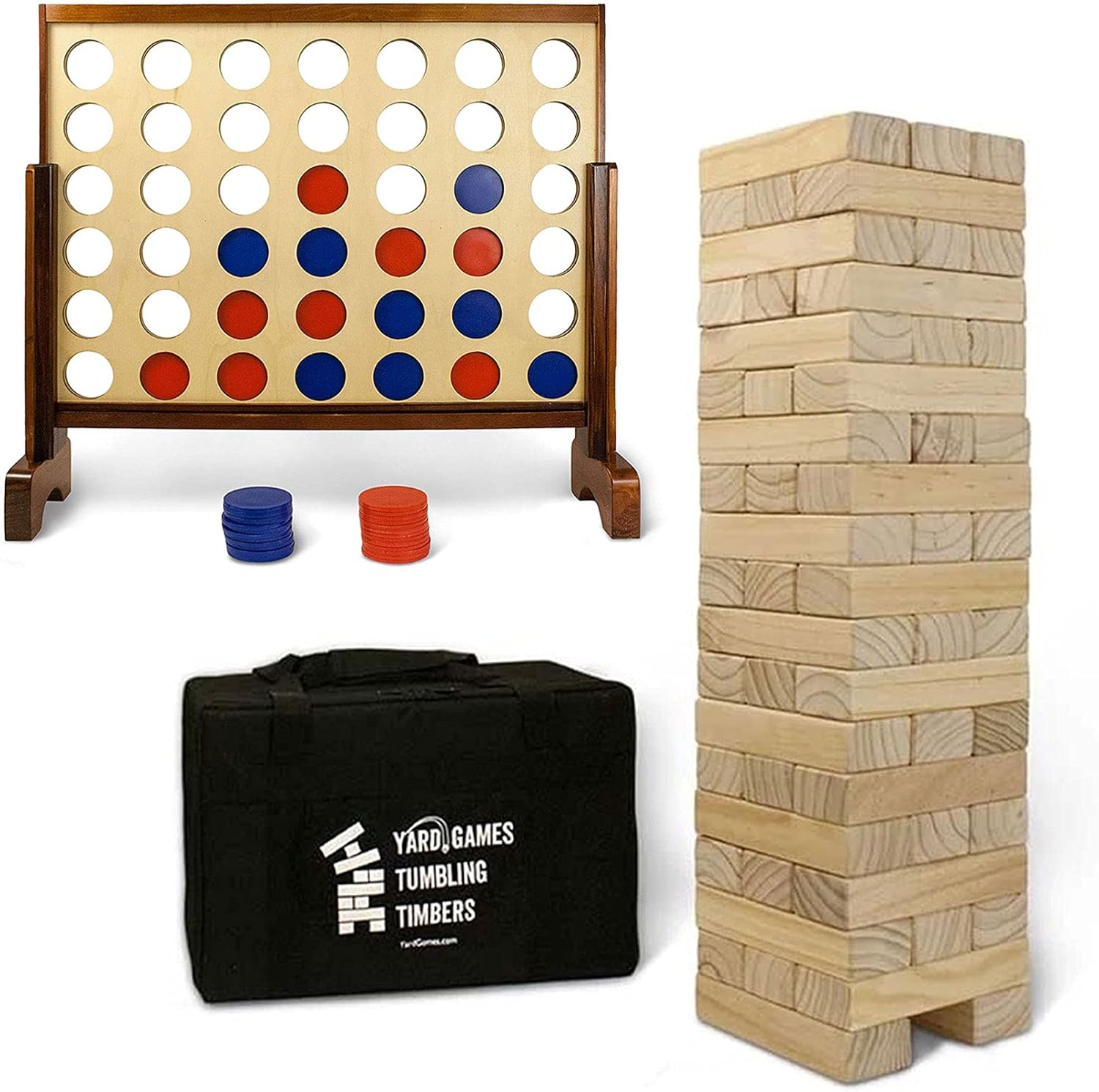 Yard Games Giant Tumbling Timbers Natural Pine Blocks Wood Stacking Game Bundle with Outdoor 4 in a Row Lawn Game with Storage Carrying Case, Brown