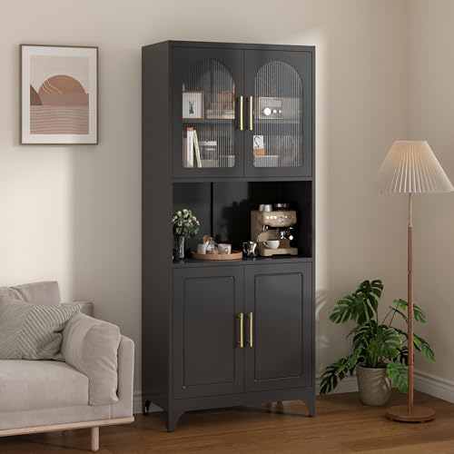 Kitchen Pantry Cabinet with Acrylic Glass Doors, 75" Metal Kitchen Hutch with Countertop, Adjustable Shelves, Freestanding Food Pantry Cabinet for Living, Dining Room, Black, Assembly Required